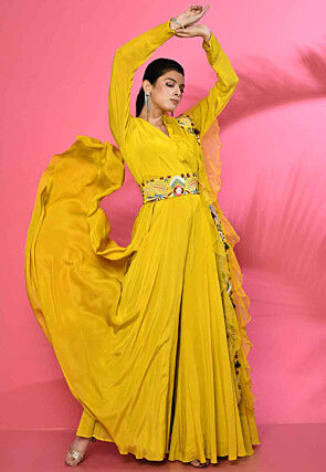 Embroidered Pure Georgette Jumpsuit in Yellow