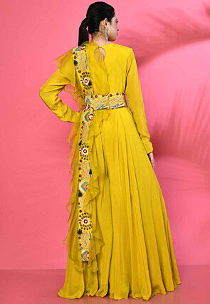 Embroidered Pure Georgette Jumpsuit in Yellow