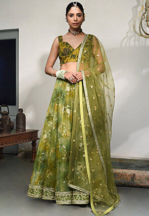Embroidered Pure Georgette Lehenga in Olive Green