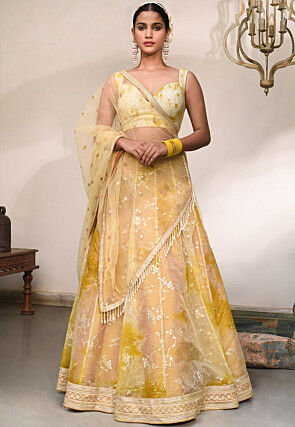 Embroidered Pure Georgette Lehenga in Yellow
