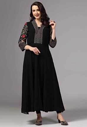 Embroidered Pure Georgette Long Kurta in Black