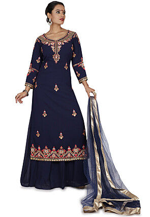 Embroidered Pure Georgette Pakistani Suit in Navy Blue
