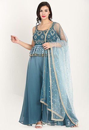 Embroidered Pure Georgette Peplum Style Crop Top Set in Teal Blue