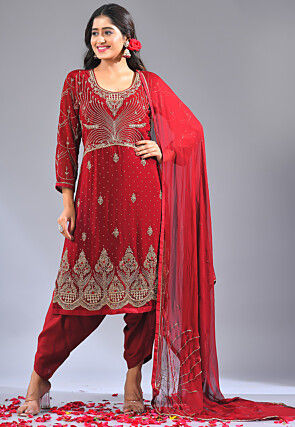 Embroidered Pure Georgette Punjabi Suit in Maroon