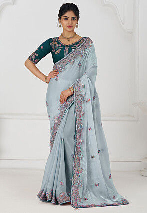 Embroidered Pure Georgette Silk Saree in Light Blue