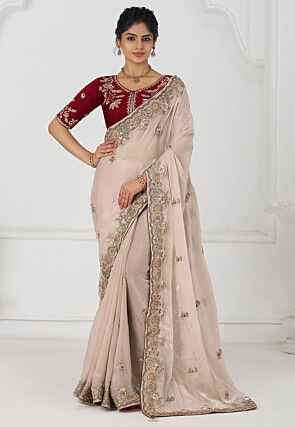 Embroidered Pure Georgette Silk Saree in Light Fawn