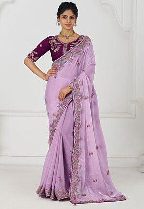 Embroidered Pure Georgette Silk Saree in Light Purple