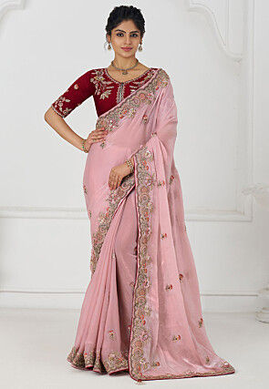 Embroidered Pure Georgette Silk Saree in Pink