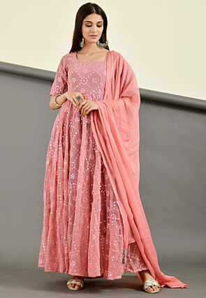 Embroidered Pure Georgette Straight Suit in Light Old Rose