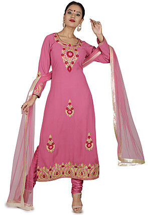 Embroidered Pure Georgette Straight Suit in Pink