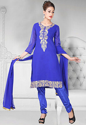 Embroidered Pure Georgette Straight Suit in Royal Blue