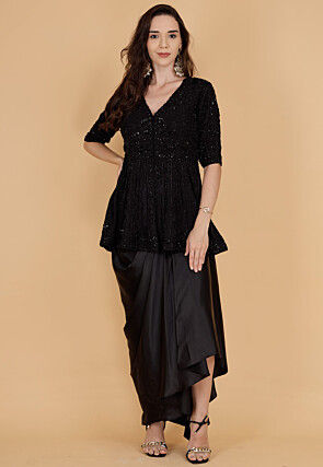 Embroidered Pure Georgette Tunic Set in Black
