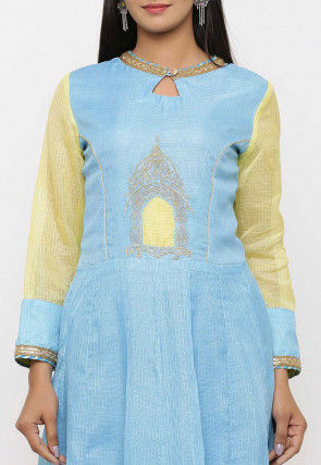 Embroidered Pure Kota Silk Abaya Style Suit in Ombre Blue