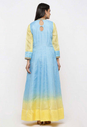 Embroidered Pure Kota Silk Abaya Style Suit in Ombre Blue
