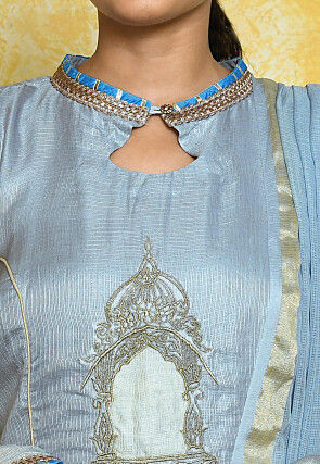Embroidered Pure Kota Silk Anarkali Suit in Light Blue