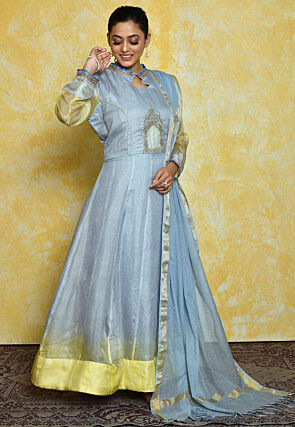 Embroidered Pure Kota Silk Anarkali Suit in Light Blue