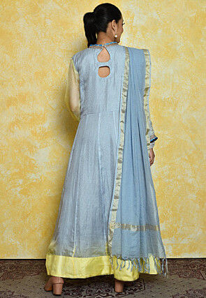 Embroidered Pure Kota Silk Anarkali Suit in Light Blue