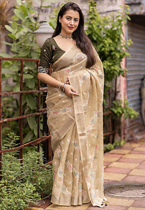 Embroidered Pure Linen Saree in Beige