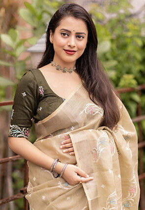 Embroidered Pure Linen Saree in Beige