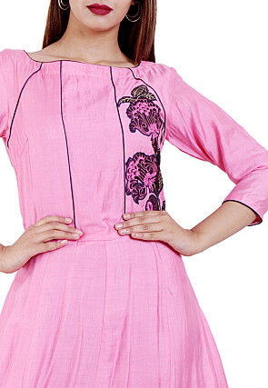 Embroidered Pure Matka Silk A Line Kurta in Pink
