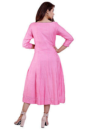 Embroidered Pure Matka Silk A Line Kurta in Pink