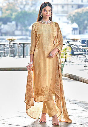 Embroidered Pure Muslin Silk Pakistani Suit in Beige