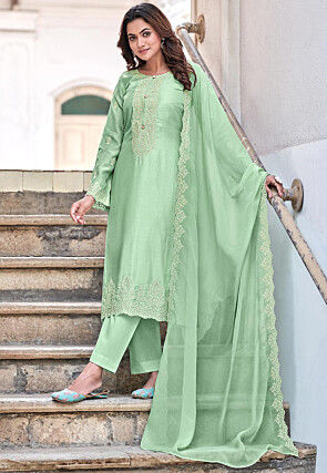 Embroidered Pure Muslin Silk Pakistani Suit in Sea Green