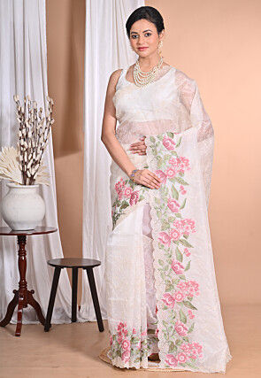 Embroidered Pure Organza Scalloped Saree in Off White