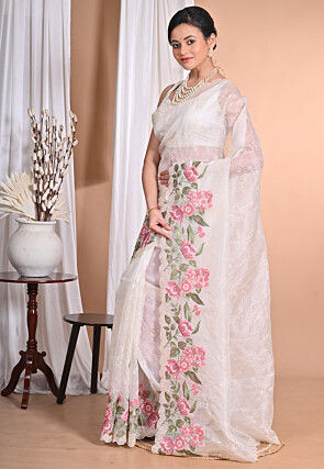Embroidered Pure Organza Scalloped Saree in Off White