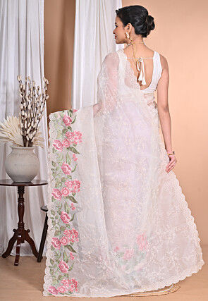 Embroidered Pure Organza Scalloped Saree in Off White