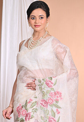 Embroidered Pure Organza Scalloped Saree in Off White