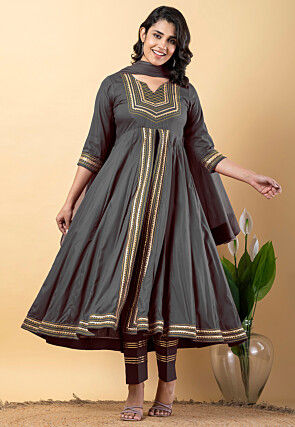 Embroidered Pure Rayon Front Slit Anarkali Suit in Grey