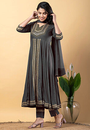 Embroidered Pure Rayon Front Slit Anarkali Suit in Grey