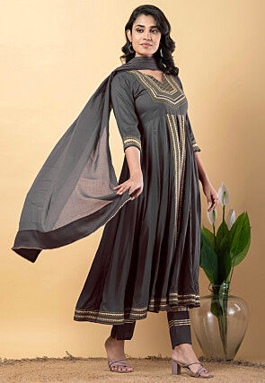 Embroidered Pure Rayon Front Slit Anarkali Suit in Grey