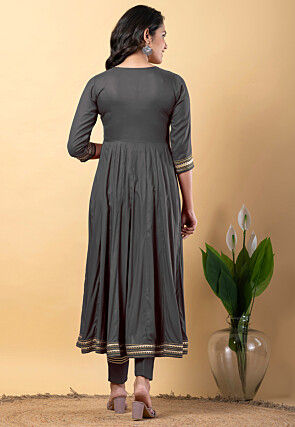 Embroidered Pure Rayon Front Slit Anarkali Suit in Grey