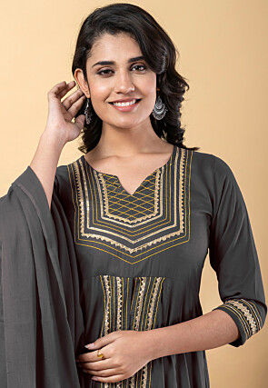 Embroidered Pure Rayon Front Slit Anarkali Suit in Grey