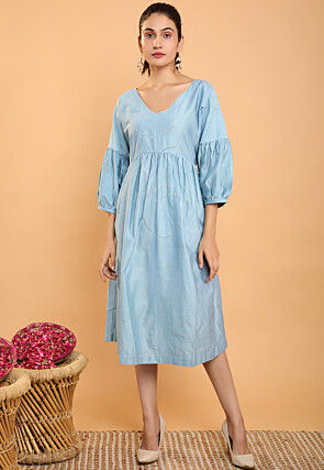 Embroidered Pure Silk A Line Dress in Sky Blue