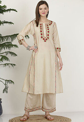 Embroidered Pure Silk A Line Kurta Set in Beige