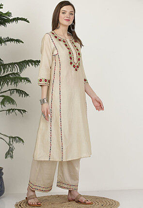 Embroidered Pure Silk A Line Kurta Set in Beige