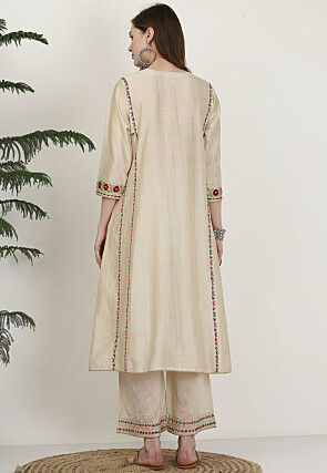 Embroidered Pure Silk A Line Kurta Set in Beige