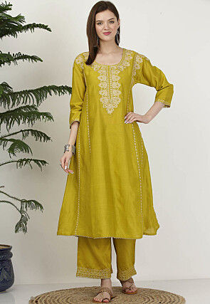 Embroidered Pure Silk A Line Kurta Set in Light Olive Green