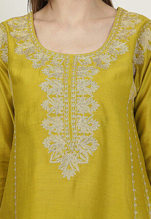 Embroidered Pure Silk A Line Kurta Set in Light Olive Green