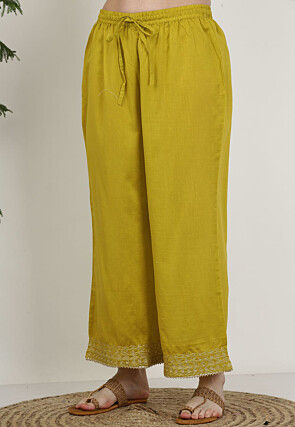 Embroidered Pure Silk A Line Kurta Set in Light Olive Green