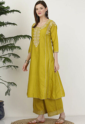 Embroidered Pure Silk A Line Kurta Set in Light Olive Green