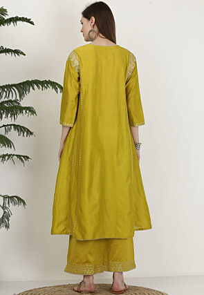 Embroidered Pure Silk A Line Kurta Set in Light Olive Green