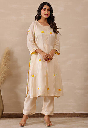 Embroidered Pure Silk Straight Kurta Set in Off White