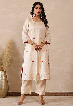 Embroidered Pure Silk A Line Kurta Set in Off White