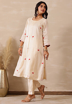 Embroidered Pure Silk A Line Kurta Set in Off White