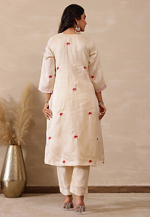 Embroidered Pure Silk A Line Kurta Set in Off White