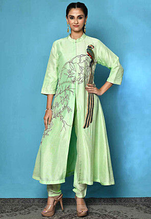 Embroidered Pure Silk A Line Kurta Set in Pastel Green